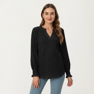 Anna-Kaci Women's Long Sleeve Eyelet Embroidered Top with V-Neckline and Ruffle Cuffs - 1 of 4
