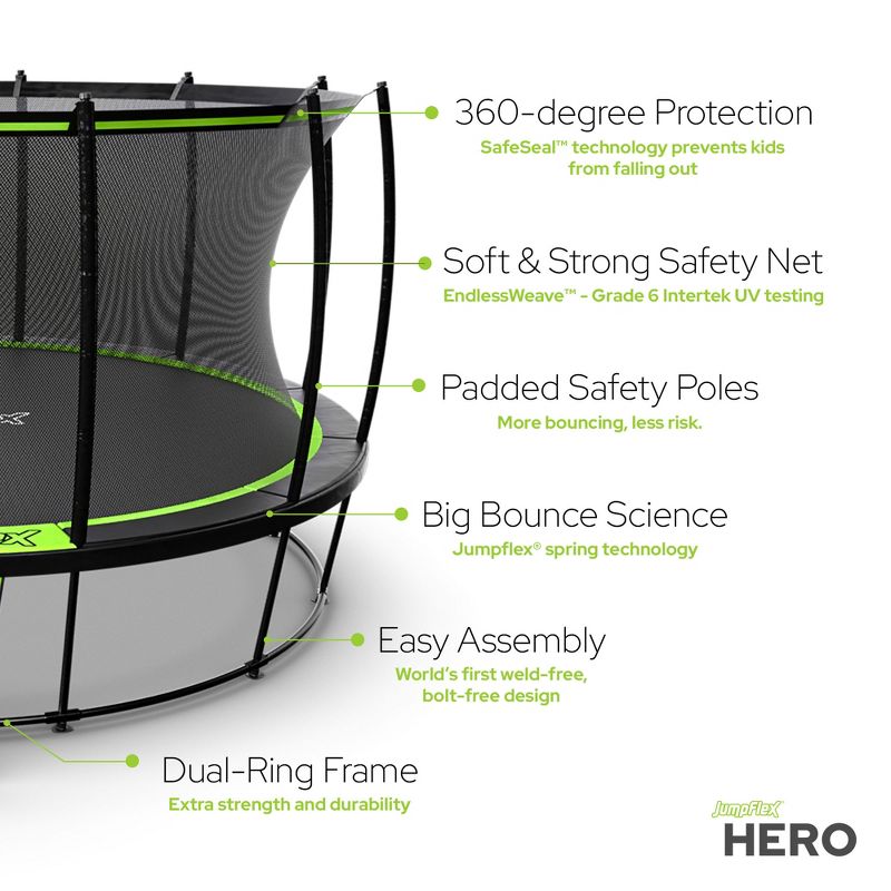 JumpFlex HERO 14' Round Trampoline for Kids Outdoor Backyard Play Equipment Playset with Net Safety Enclosure & Ladder, 550LB Capacity, Green/Black, 3 of 7