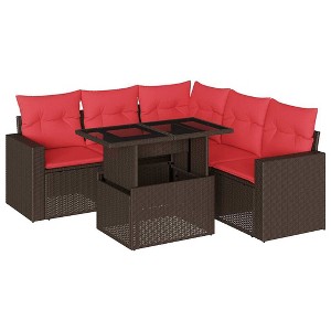 vidaXL 6 Piece Garden Sofa Set with Cushions Poly Rattan - Brown - 1 of 4
