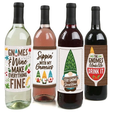 Big Dot of Happiness Garden Gnomes - Forest Gnome Party Decorations for Women and Men - Wine Bottle Label Stickers - Set of 4