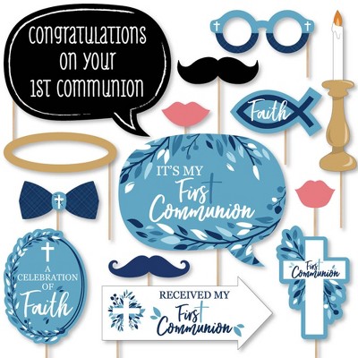 Big Dot of Happiness First Communion Blue Elegant Cross - Boy Religious Party Photo Booth Props Kit - 20 Count