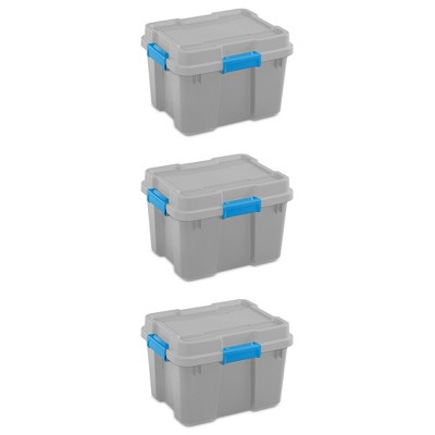 Sterilite 18336A03 30 Gallon Heavy Duty Plastic Storage Container Box with Lid and Latches, Grey/Blue (3 Pack)