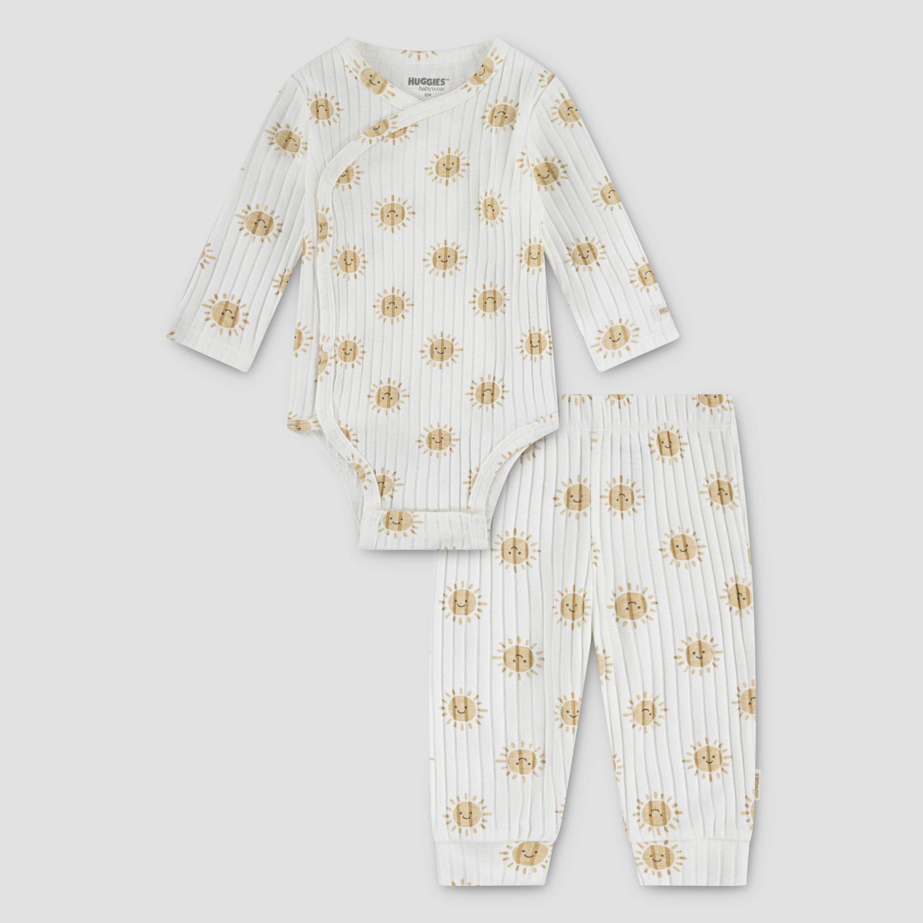 Huggies Baby Long Sleeve Suns Bodysuit & Pants Set - Yellow 6M: Organic Cotton Knit, Crotch Snap, Pull-On Pants