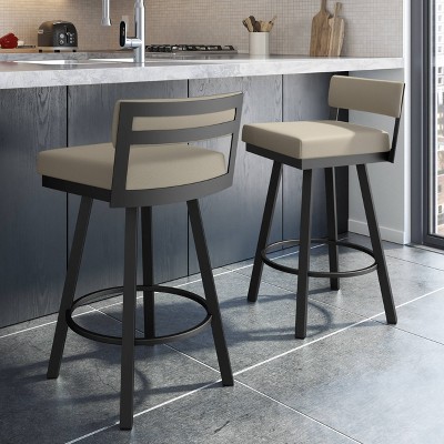 Greige Faux Leather Swivel Counter Stool with Black Metal Frame