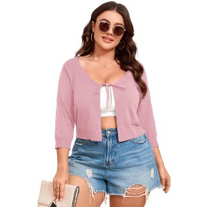 Clearlove Women's V-Neck Tie Front Shrug 3/4 Sleeve Rib-Knit Cardigan Sweater Crop Top - 1 of 4