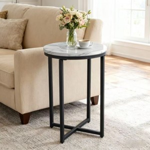 Homy Casa Round Faux Marble Top End Table with Black Metal Frame, White - 1 of 4