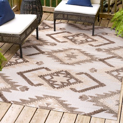 Ivory and Brown Geometric Synthetic 4' x 6' Indoor/Outdoor Rug