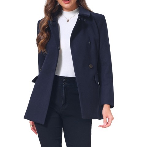INSPIRE CHIC Women's Short Winter Warm Fully Lined Double Breasted Belted Slim Fit Pea Coat Small Navy Blue