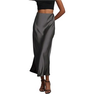 Women's Satin Maxi Skirt - High Waist A-Line Long Skirt for Elegant Office Wear Dark Grey - 1 of 4