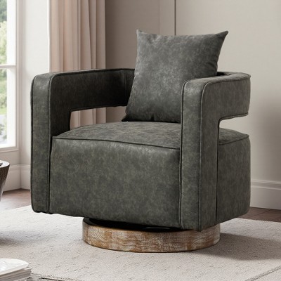 29.1" Faux Leather Swivel Open Back Barrel Chair with Solid Wood Base