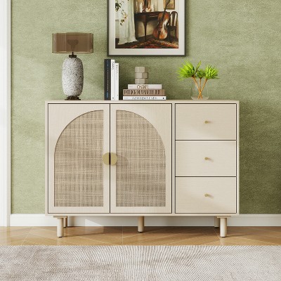 GDFStudio Michael Modern 44.5" Wood and Rattan Storage Cabinet with 2 Doors and 3 Drawers