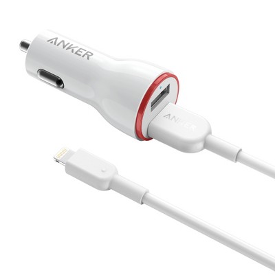 Anker 2-Port PowerDrive 24W Car Charger (with 6' PowerLine Select+ Lightning to USB-A Braided Nylon Cable) - White