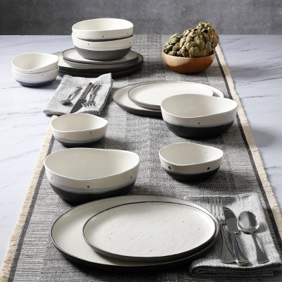 Cream and Gray Ceramic Reactive Glaze Dinnerware Set, Service for 4