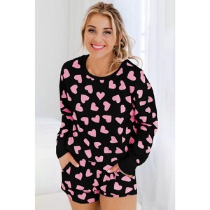 Pink Valentine Heart Shape Print Long Sleeve Top Shorts Lounge Set - 1 of 2