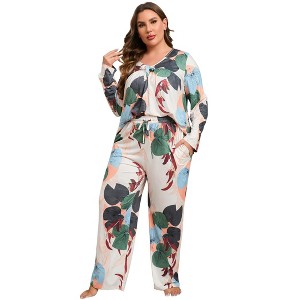 Women Plus Size 2 Piece Sleepwear Floral Print V Neck Pajamas Loungewear with Pockets - 1 of 4