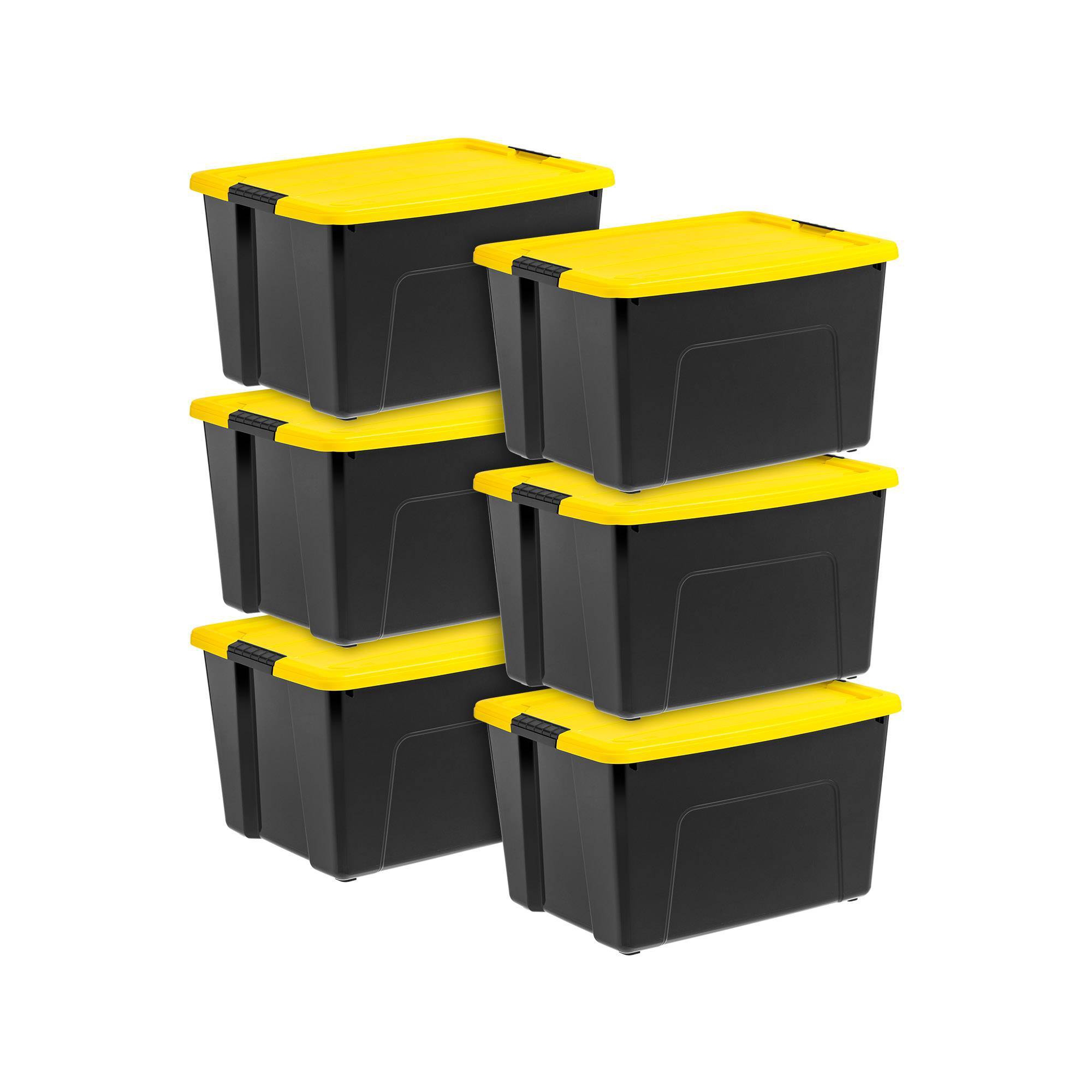 IRIS 6pk 60qt Plastic Storage Bins with Lids Black Yellow Latching Stackable Totes : Stackable Utility Totes, Portable, Universal Storage, Lidded Bins