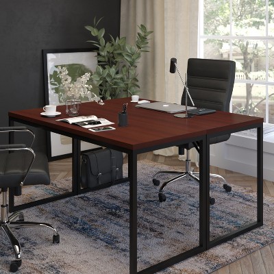 Mahogany and Black Steel Industrial Office Desk with Laminate Top