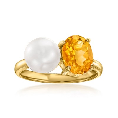 Ross-Simons 7.5-8mm Cultured Pearl and 1.60 Carat Citrine Toi Et Moi Ring in 18kt Gold Over Sterling