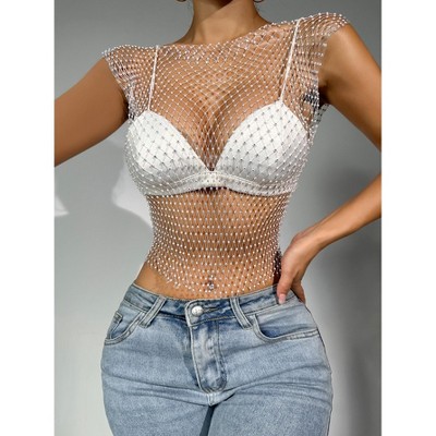 Women Rhinestone Mesh Body Chains Hollow Tank Tops Bikini Crop Top Party Body Jewelry Accessories