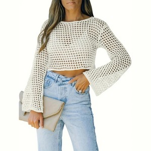 Womens Summer Crochet Round Neck Casual Hollow Crop Tops - 1 of 1