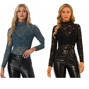INSPIRE CHIC Women's See-Through Long Sleeve Turtleneck Sheer Floral Lace Blouse 2 Packs - 1 of 4