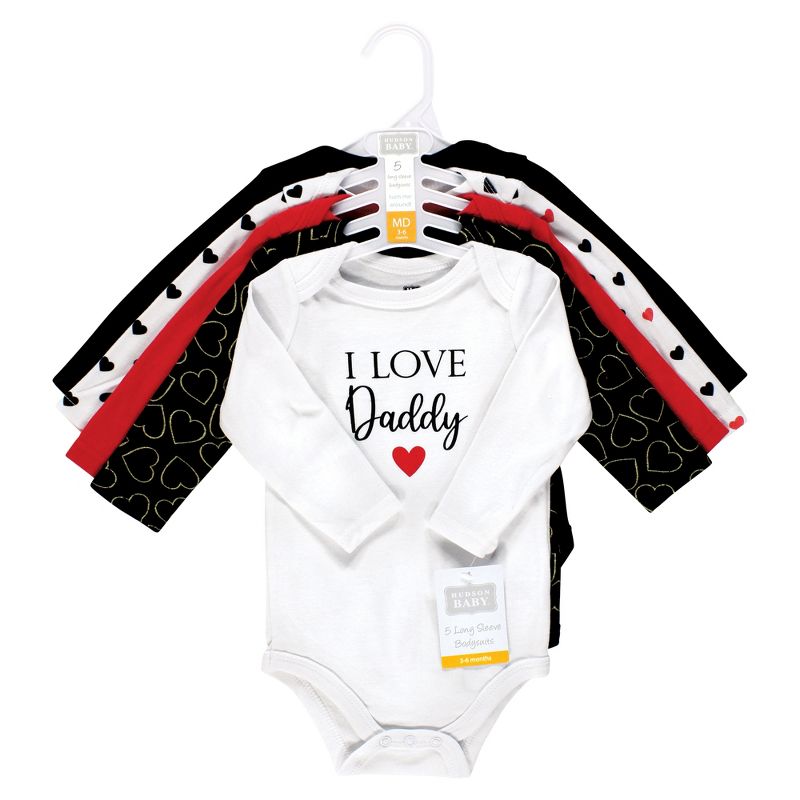 Hudson Baby Infant Girl Cotton Long-Sleeve Bodysuits, Girl Daddy Red Black 5-Pack, 2 of 8