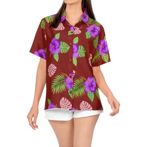 LA LEELA Women's Button Down Blouses Floral Beach Party Blouse Shirt Short Sleeve Vacation Casual Hawaiian Shirts for Women L Hibiscus Leafs Red - 1 of 4