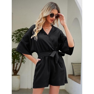 Rompers for Women Summer Casual V Neck Short Belted Wrap Flared Half Sleeve Waist Tie Romper