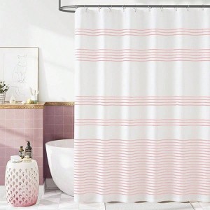 Pink and White Striped Waterproof Shower Curtain Set, 70x72 Inches, Modern Farmhouse Style, 12 Hooks, Machine Washable - 1 of 4
