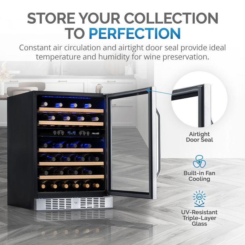 Newair 24" Built-in 46 Bottle Dual Zone Compressor Wine Fridge in Stainless Steel, Quiet Operation with Beech Wood Shelves, 4 of 17