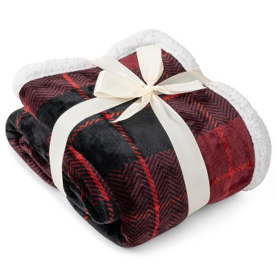 Red and Black Plaid Reversible Sherpa Fleece Throw Blanket
