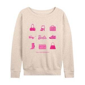 Women's - Barbie - Iconic Purse, Shoes, Sunglasses, & Boombox Lightweight French Terry Wide Neck Long Sleeve Shirt - 1 of 4