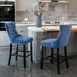 INFURNIC Counter and Bar Stools Velvet Upholstered Barstools with Tufted Back and Wood Legs for Dining Room, Blue, 23.6"*19.5"*40.7" - 1 of 4