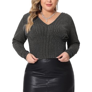 Agnes Orinda Women's Plus Size Metallic V Neck Long Sleeve T-Shirt Glitter Party Blouses - 1 of 4