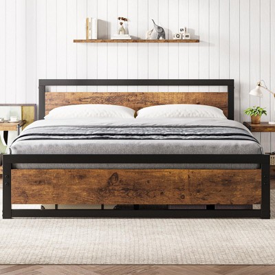 Full Size Bed Frame, 14 Inch King Size Bed Platform Industrial with Headboard No Box Spring Needed, Easy Assemble Mattress Bedframe Retro Brown