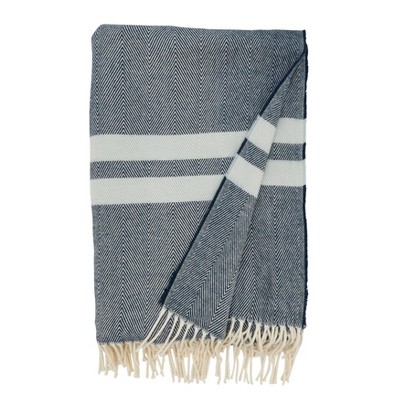 Navy Blue Herringbone Stripe Fringed 50 x 60 Throw