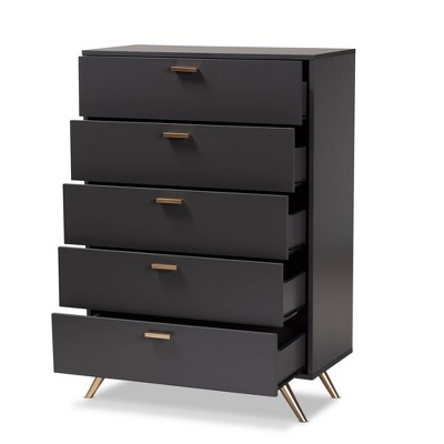 Kelson Dark Gray and Gold 5-Drawer Wood Chest