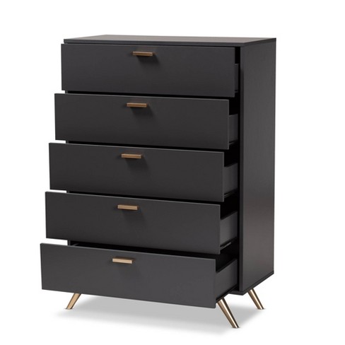 Kelson Wood 5 Drawer Chest Dark Gray gold Baxton Studio Target