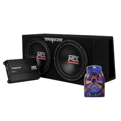 MTX TNP212DV 12-Inch 2000-Watt Dual Loaded Subwoofer Enclosure with Amplifier with QPower Super Flex 4 Gauge 3000 Watt Amplifier Wiring Amp Kit