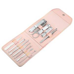 Unique Bargains Stainless Steel Pedicure Nail Clippers Scissors Set for Men Women Silver Tone with Pink PU Leather 12pcs - 1 of 3