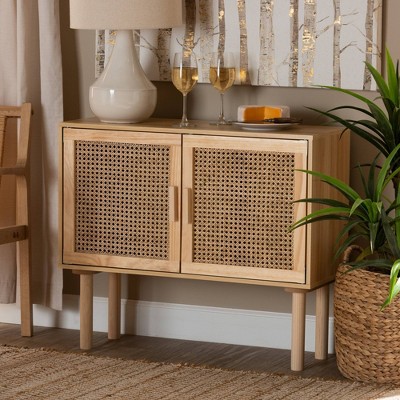 Maclean Mid-Century Modern Natural Rattan and Wood 2-Door Sideboard
