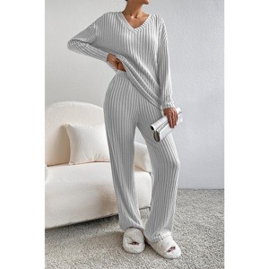 Ribbed Knit V Neck Slouchy Two-piece Loungewear Set - 1 of 2