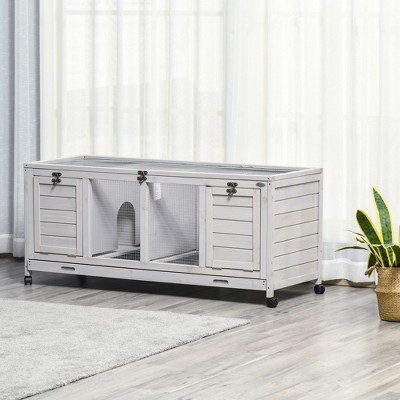Light Gray Wooden Rabbit Hutch with Wheels and Dividers