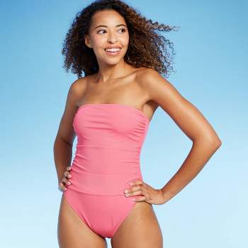 Women's Shirred Ribbed Bandeau Cheeky One Piece Swimsuit - Shade & Shore™