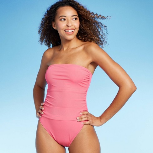 Women's Shirred Ribbed Bandeau Cheeky One Piece Swimsuit - Shade & Shore™  Pink S