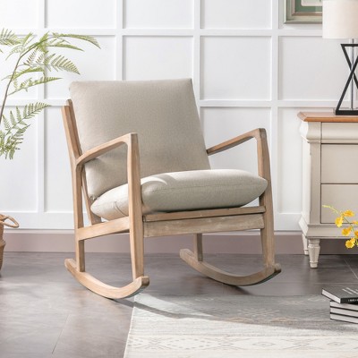 Solid Wood Rocking Chair Upholstered In Linen Fabric Beige   GUEST 5ca5dd83 96c1 422a 9b4d 931354fce788