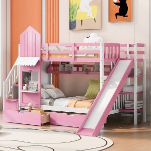 NicBex Twin Size Bunk Bed Castle Shape Loft Bed with 2 Drawers, 3 Shelves, Storage Stairs, Slide and Guardrail, No Box Spring Required - 1 of 4