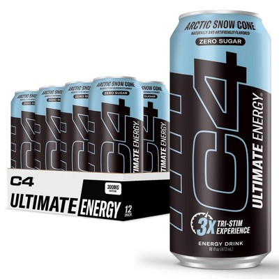 C4 Ultimate Sugar Free Energy Drink, Arctic Snow Cone - 16 Fl Oz (Pack of 12)