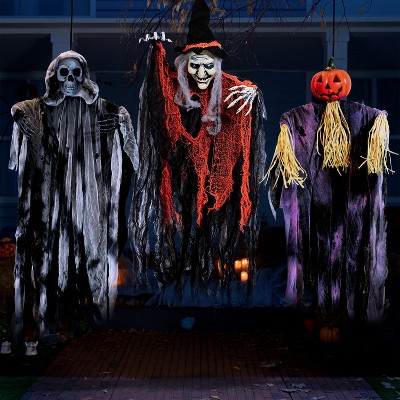 Joyfy 3 Pack 35’’ Halloween Hanging Ghosts Witch Pumpkin Outdoor Decorations, Scary Flying Witch Grim Reapers Front Porch Yard Garden Party Decor