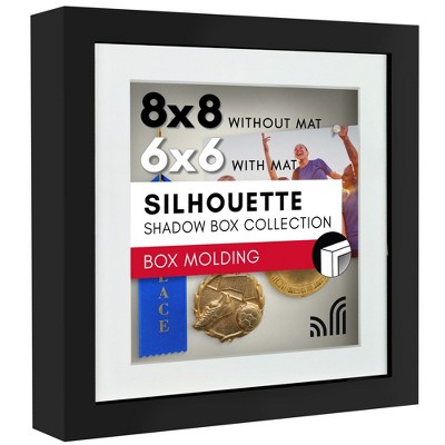 Americanflat 8x8 Shadow Box Frame with Shatter-Resistant Glass - 6x6 with Mat or 8x8 Without Mat - Silhouette - Black with Soft Felt Back